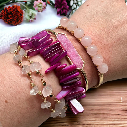 The Goddess Of Flame Coral Shell Rose and Druzy Quartz Crystal Bracelet Gift Set