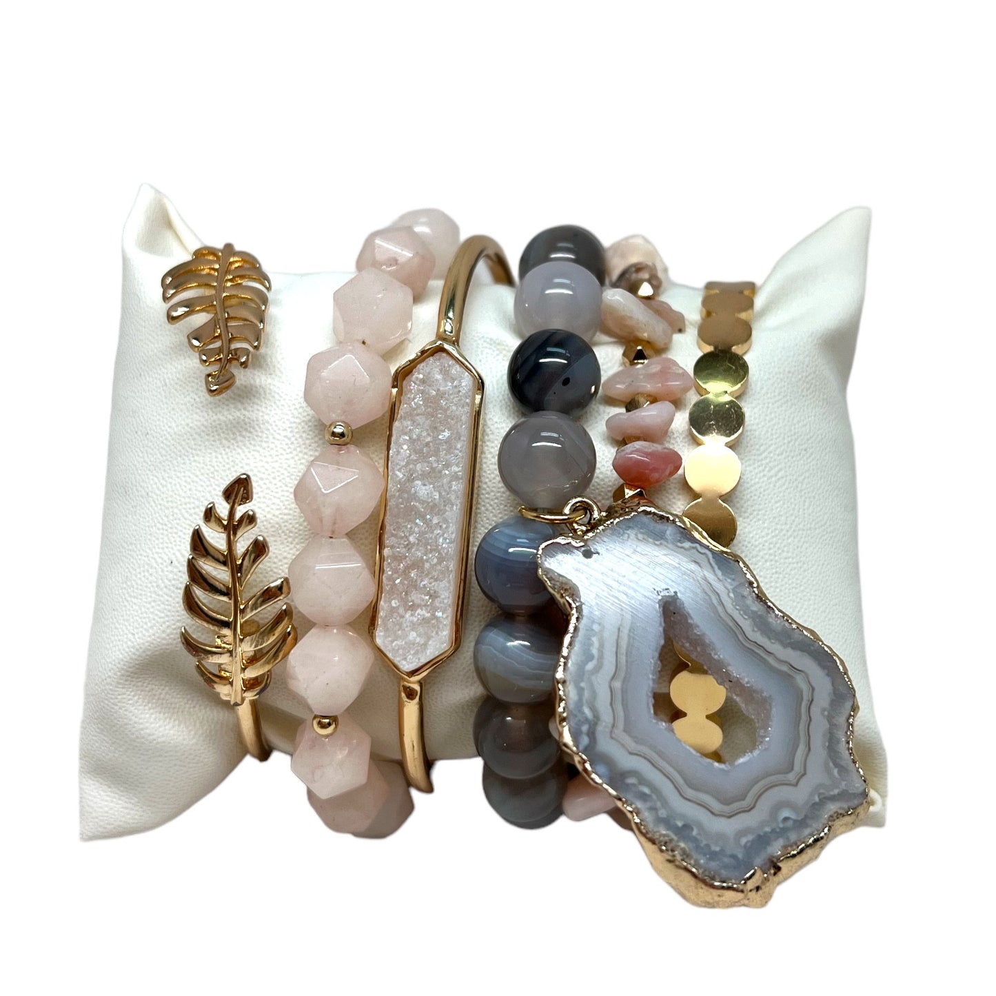 The Goddess Of Flame Pink Opal Agate Rose and Druzy Quartz Crystal Bracelet Set