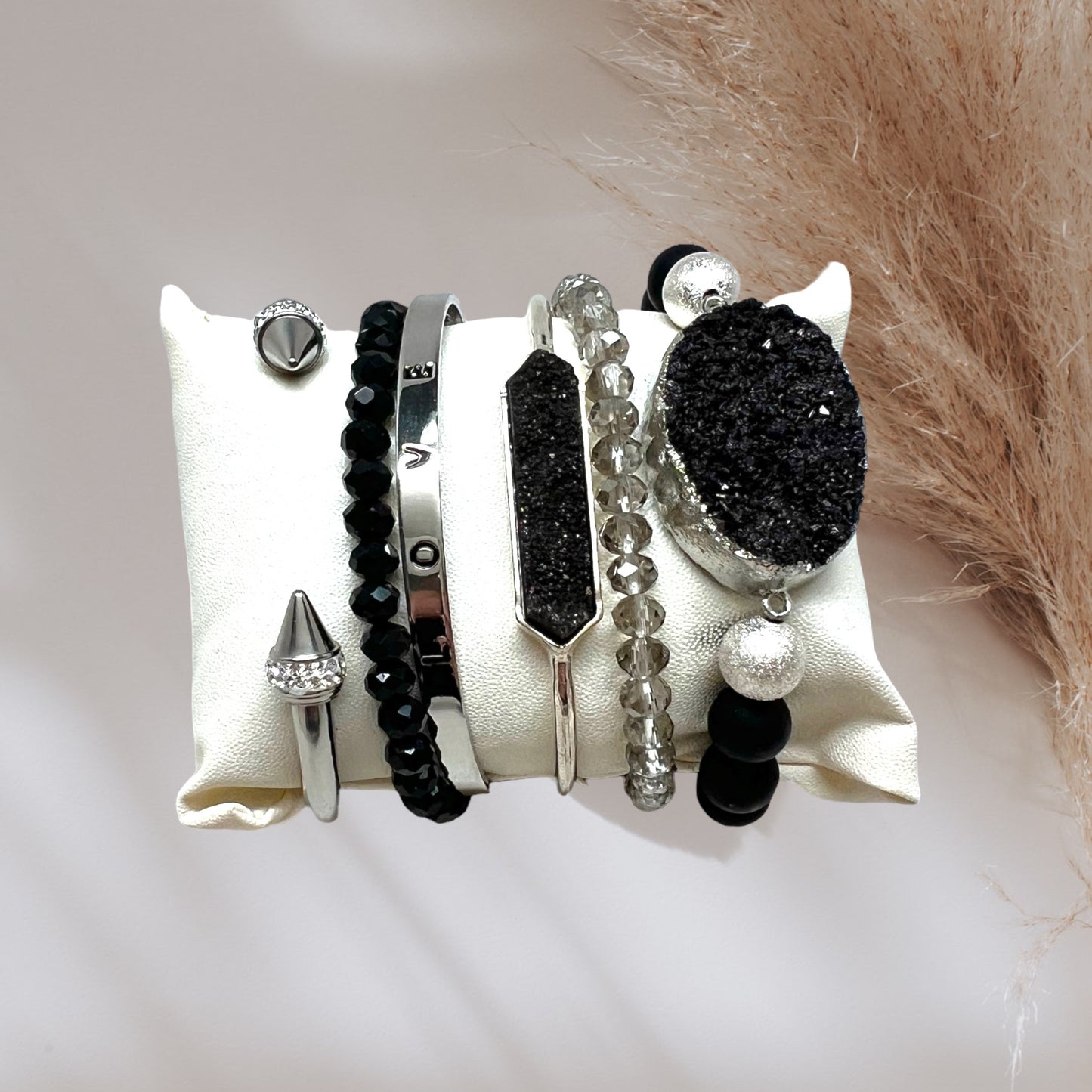 Crystal Bracelet Set Obsidian, Druzy Quartz BLK-07