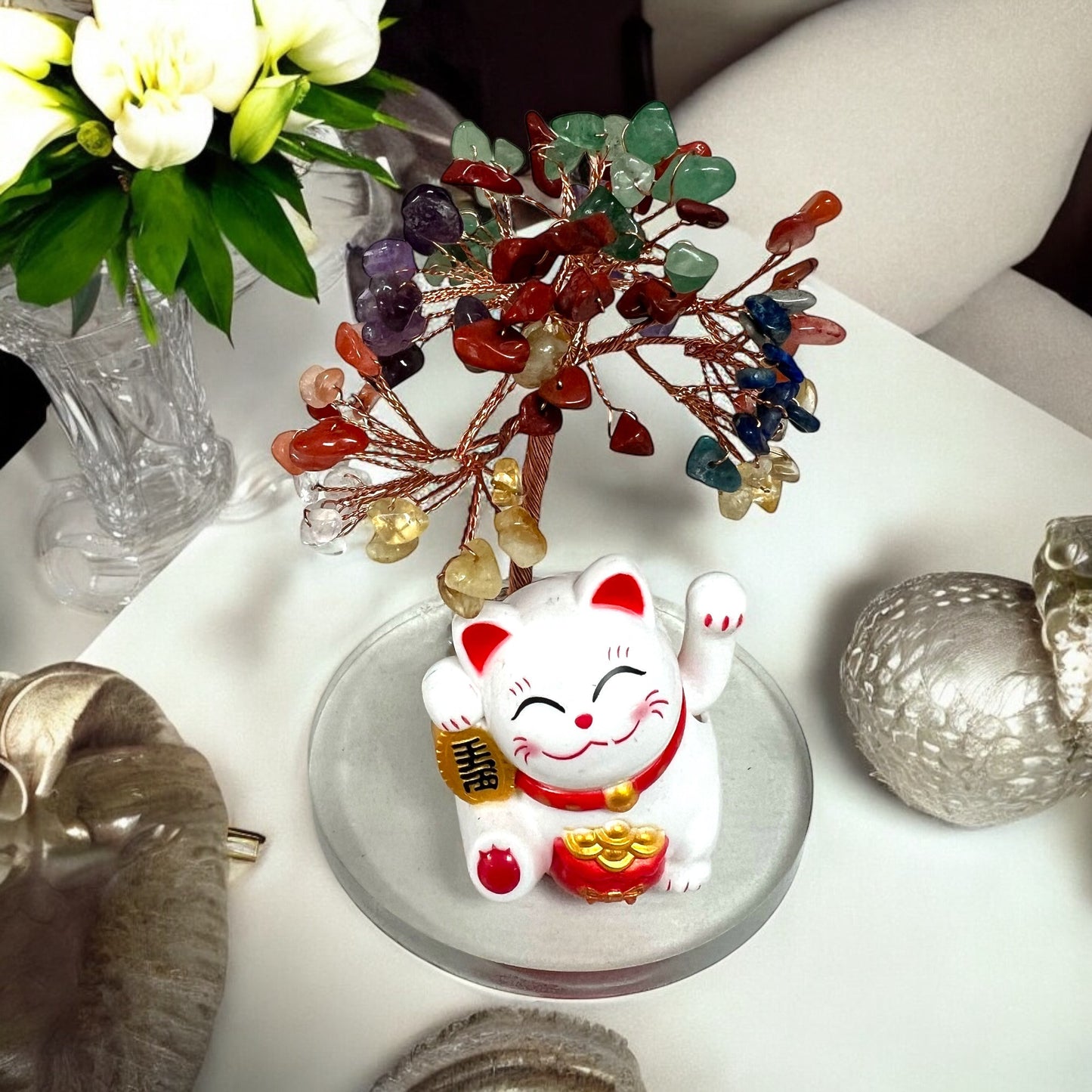 7 Chakras Crystal Tree Of Life With Lucky Cat